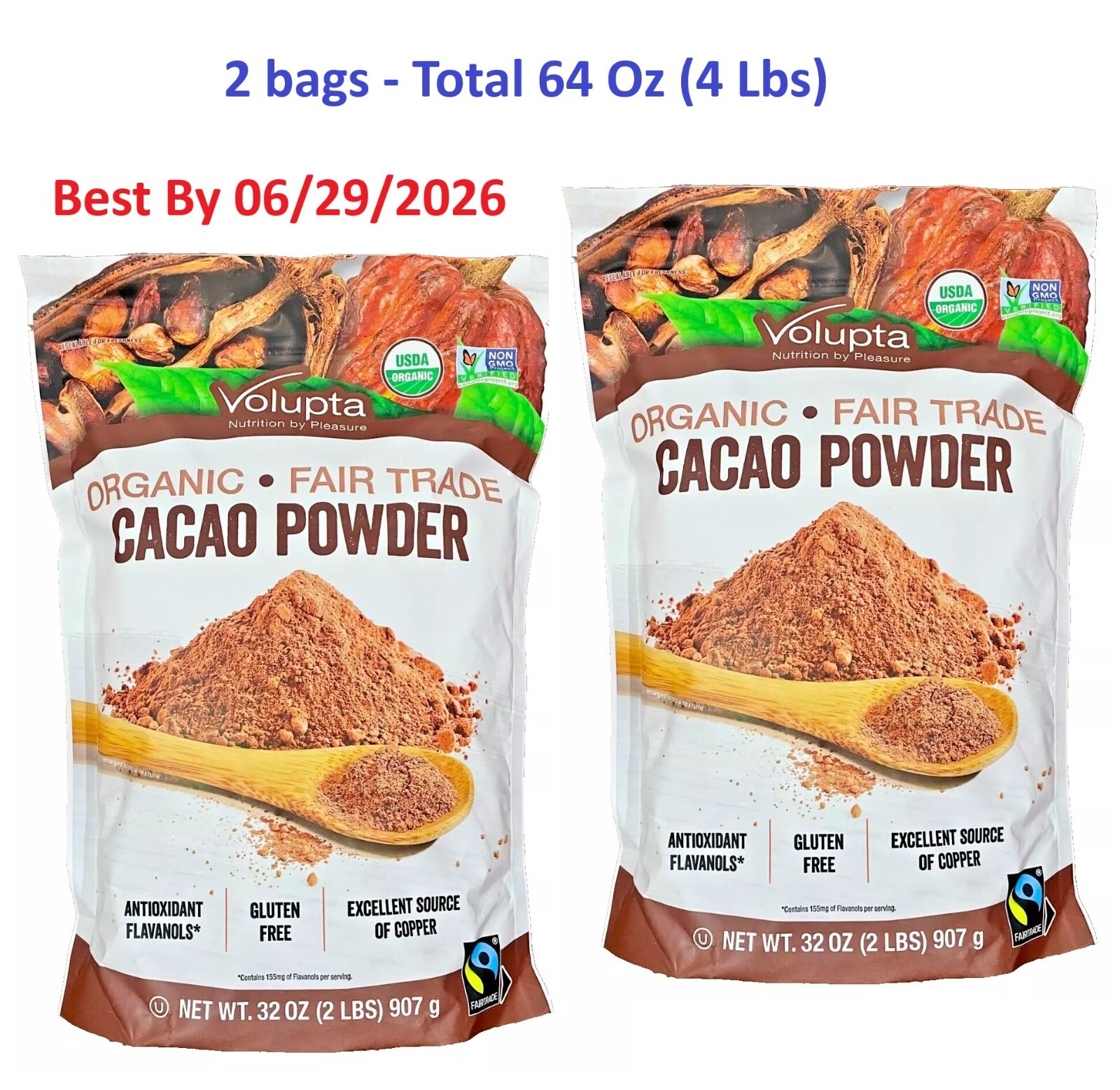 2-PACK Volupta Organic Fair Trade Unsweetened Super Food Cacao Powder 32 Oz each