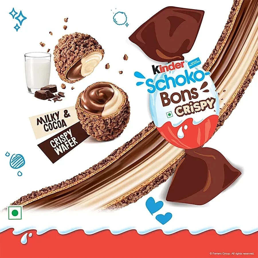 kinder schoko bons crispy with milk and cocoa crispy wafer bons 67.2 gm .