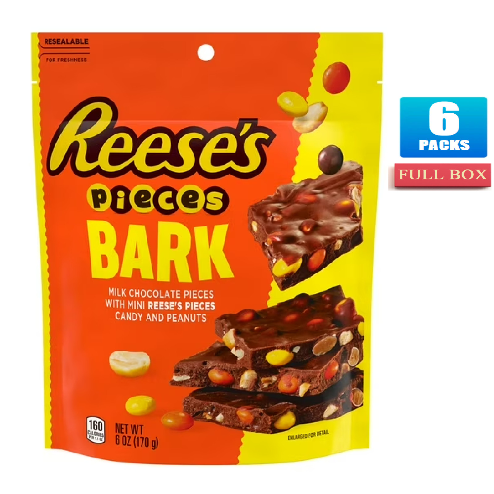 Full Box 6x REESE’S PIECES Milk Chocolate Candy with Peanuts Bark Bag – 6oz