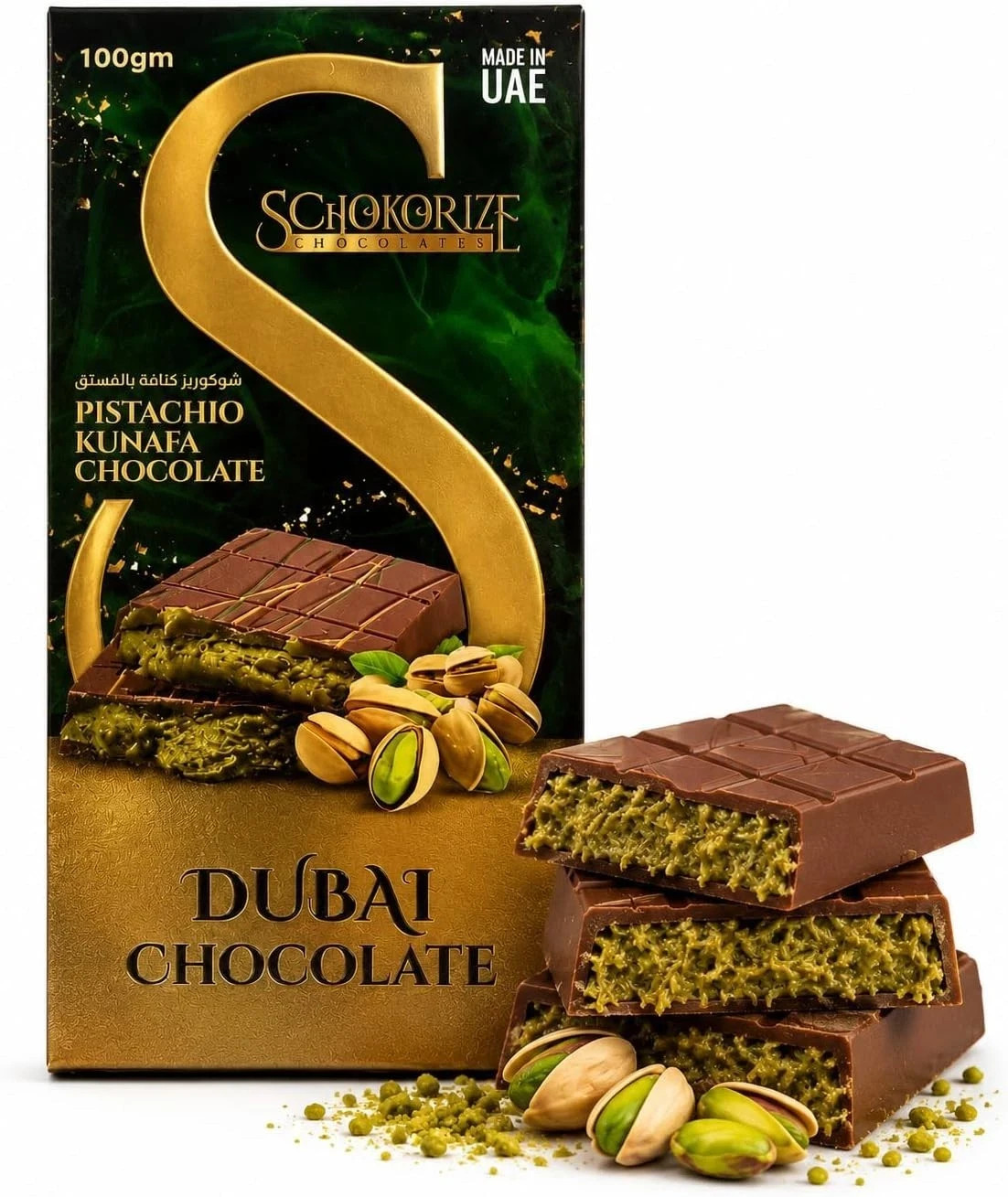 Schokorize Dubai Pistachio Kunafa Chocolate Bar 100gm