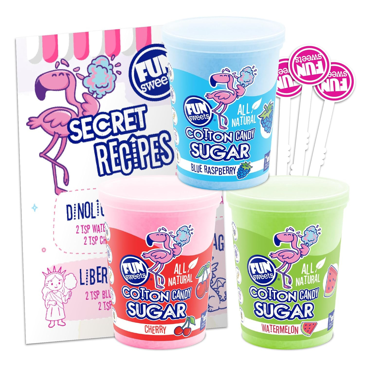 Fun Sweets Cotton Candy Sugar 3 Flavor Variety Pack – Cherry, Blue Raspberry & W