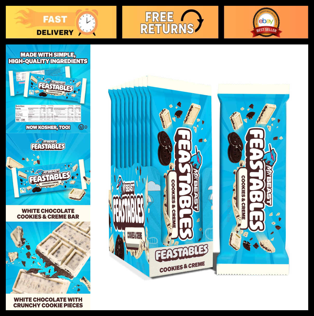 Cookies & Creme Chocolate Bars – King Size, 10 Count, White Chocolate with Cooki