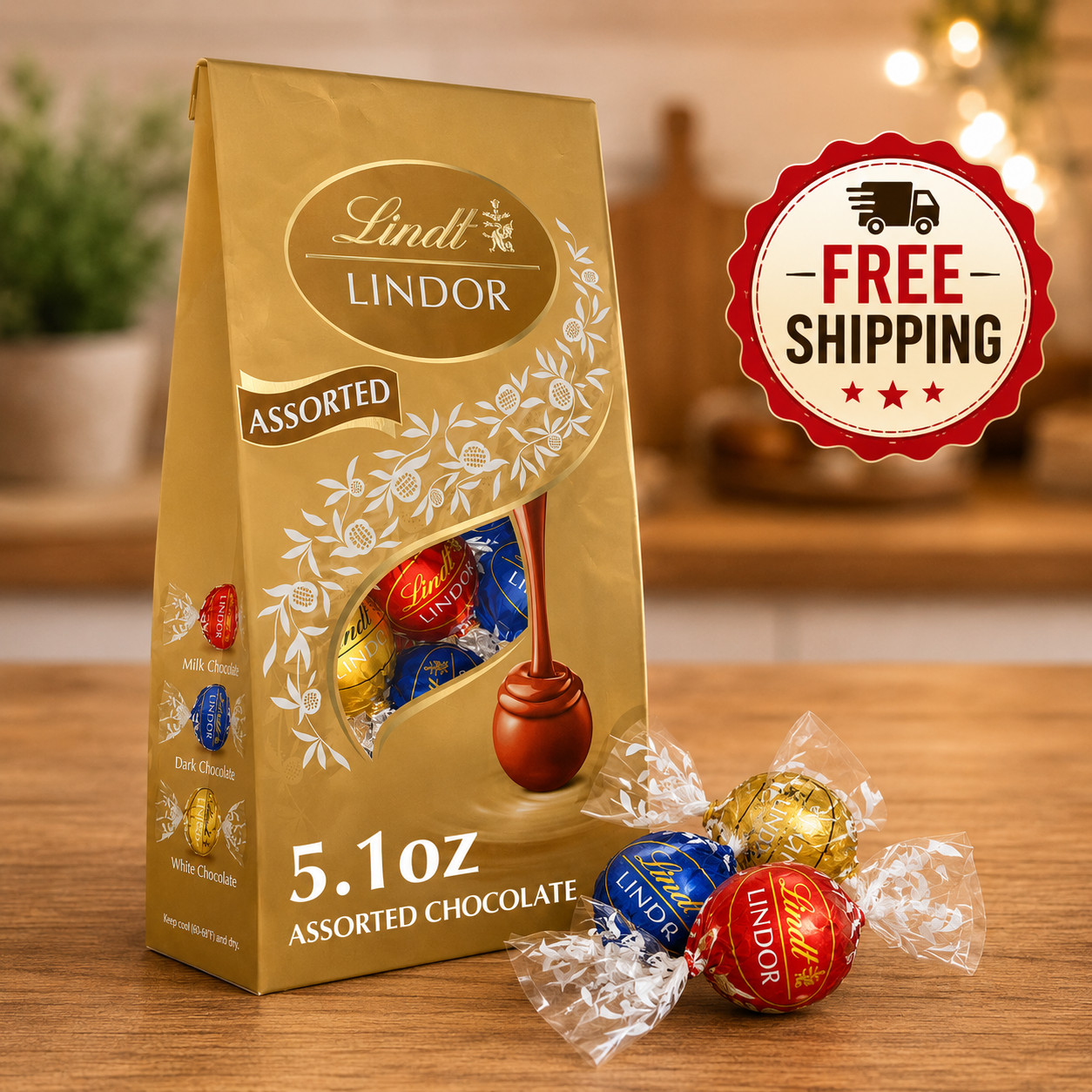 Lindt Lindor Assorted Chocolate Candy Truffles, 5.1 oz, Bag – Free Shipping