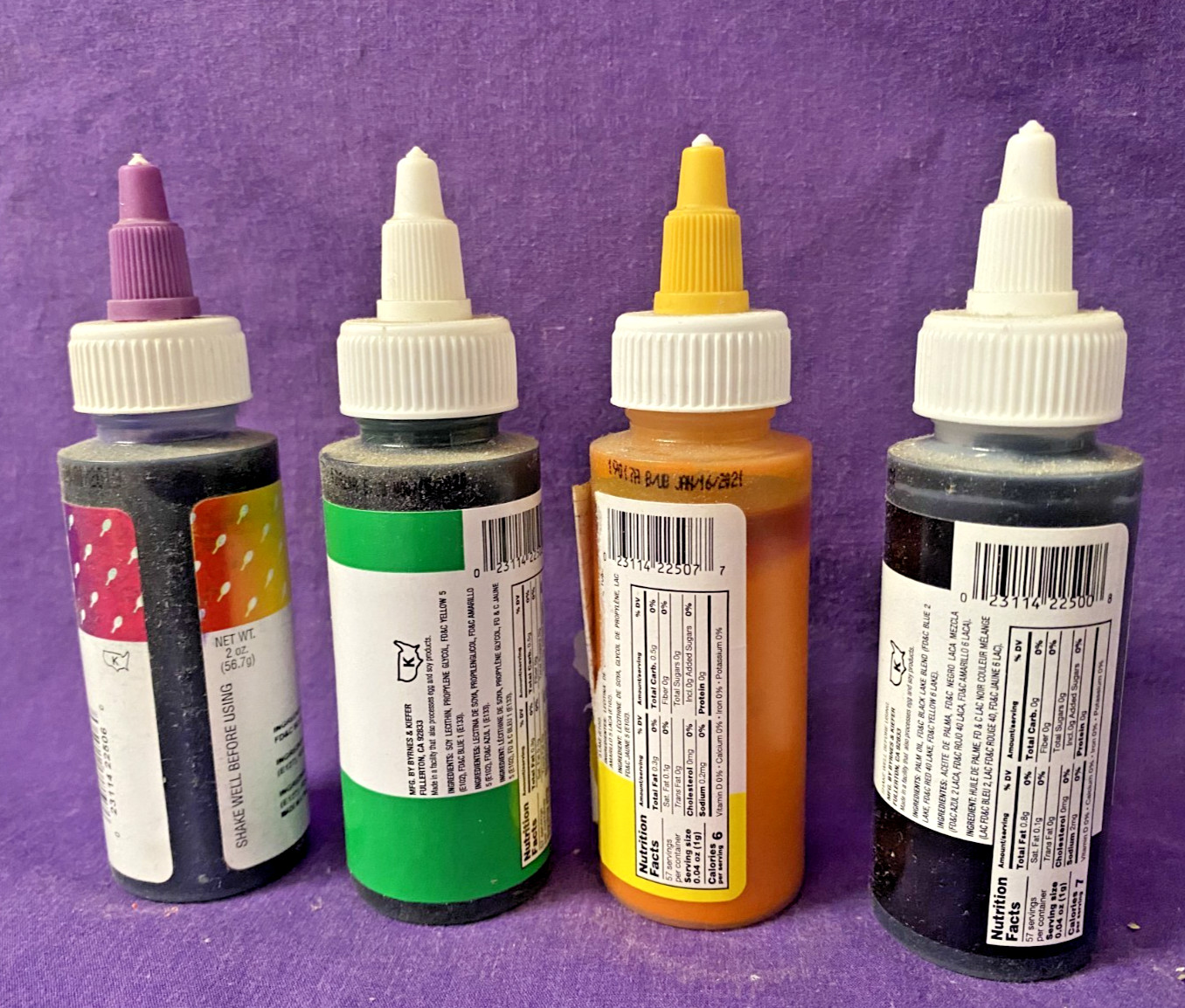 Chefmaster chocolate food candy color Green Violet Yellow Black 2 oz bottles