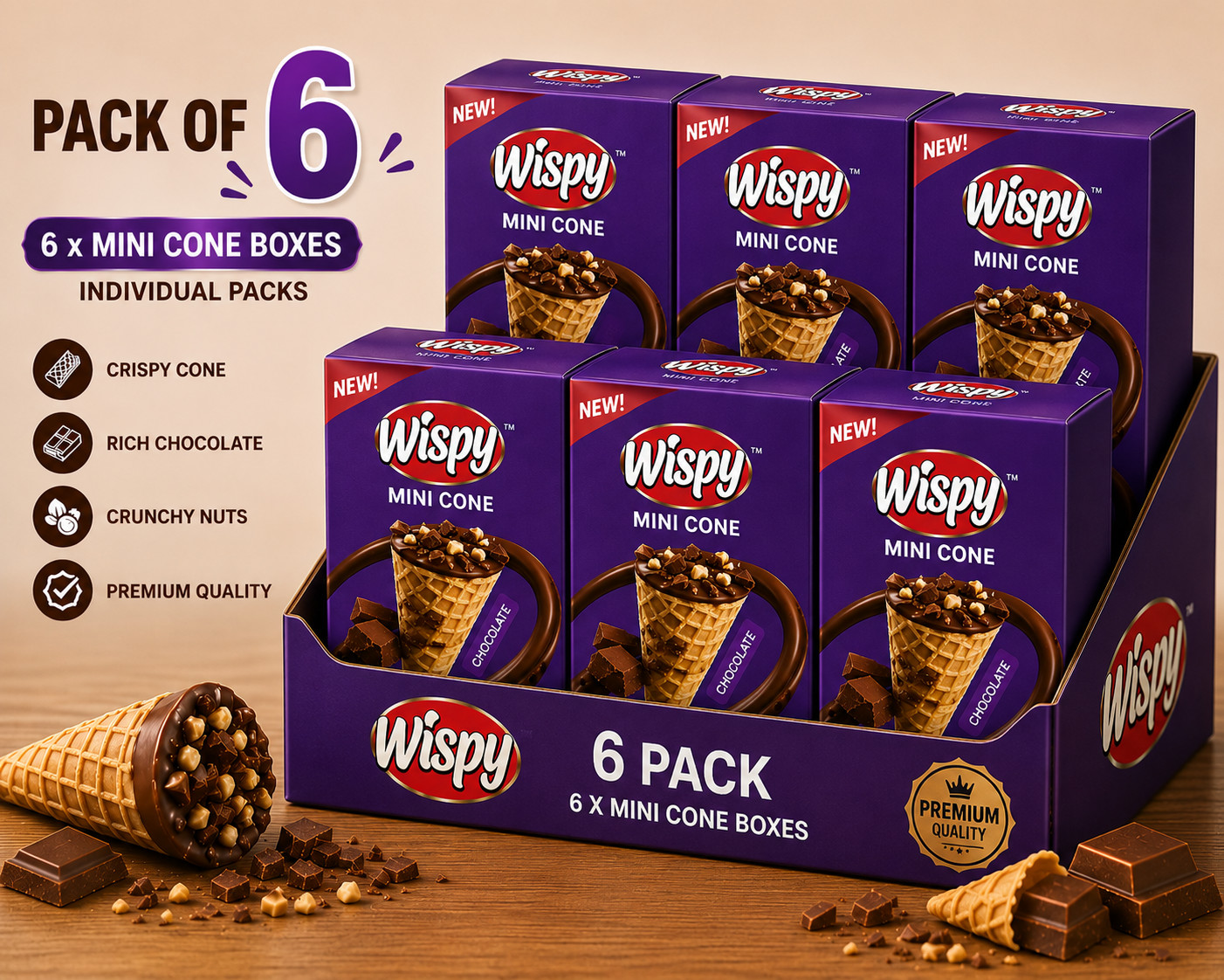 Pack of 6 Hilal Wispy Mini Cones Chocolate Crispy Wafer Snack 20 Pieces Box