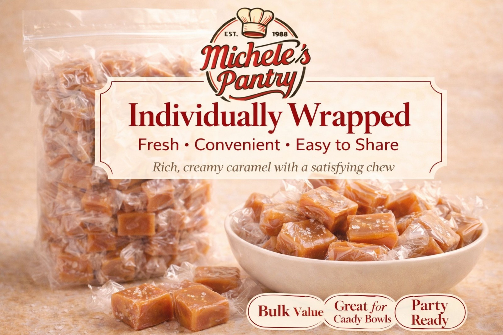 Vanilla Sea Salt Caramels 2 Lb Bulk Bag Soft Chewy Candy Squares Wrapped