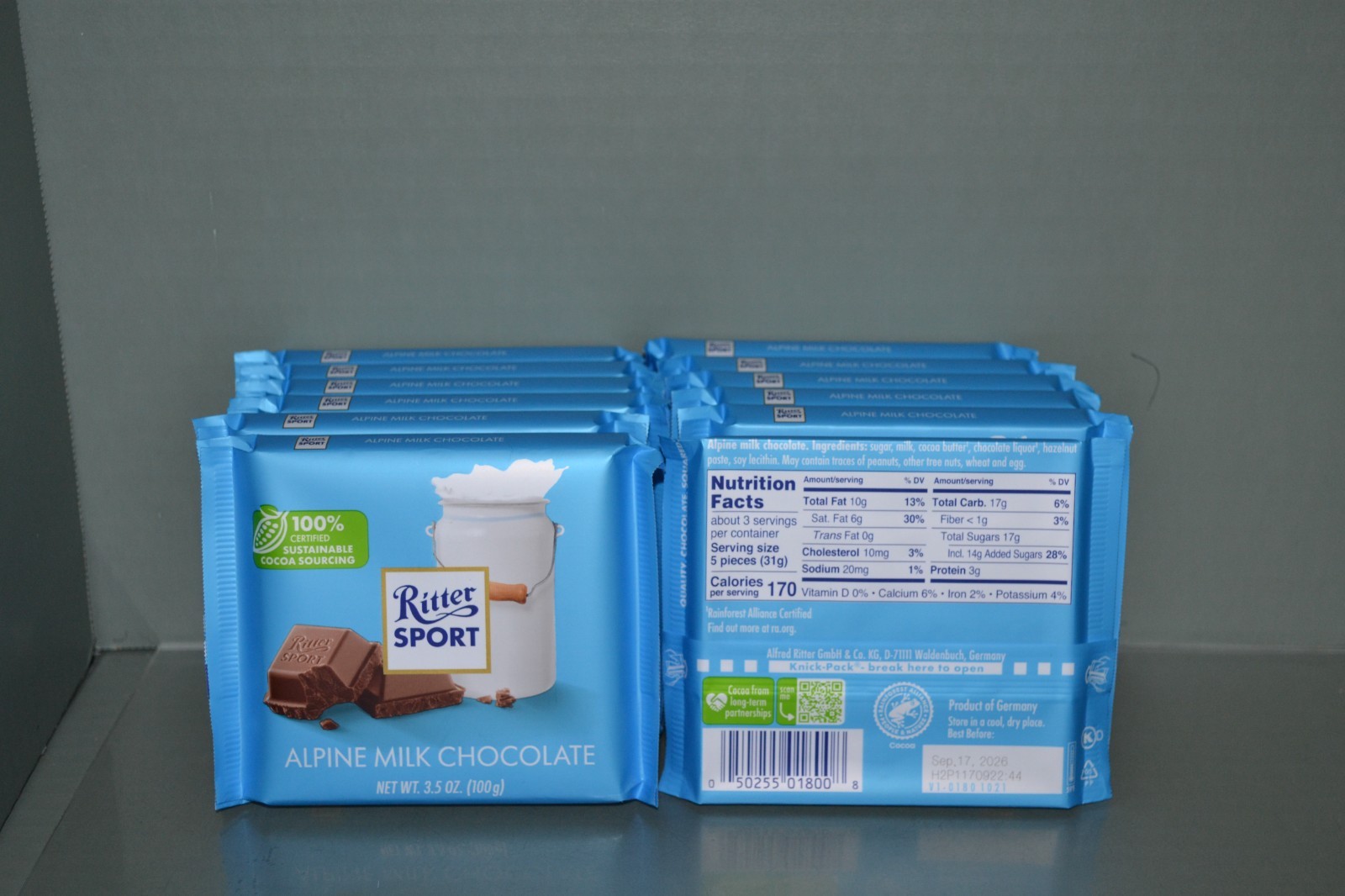(12) Ritter Sport Milk Chocolate Bars ALPINE MILK CHOCOLATE, 3.5 oz Each, 09/26