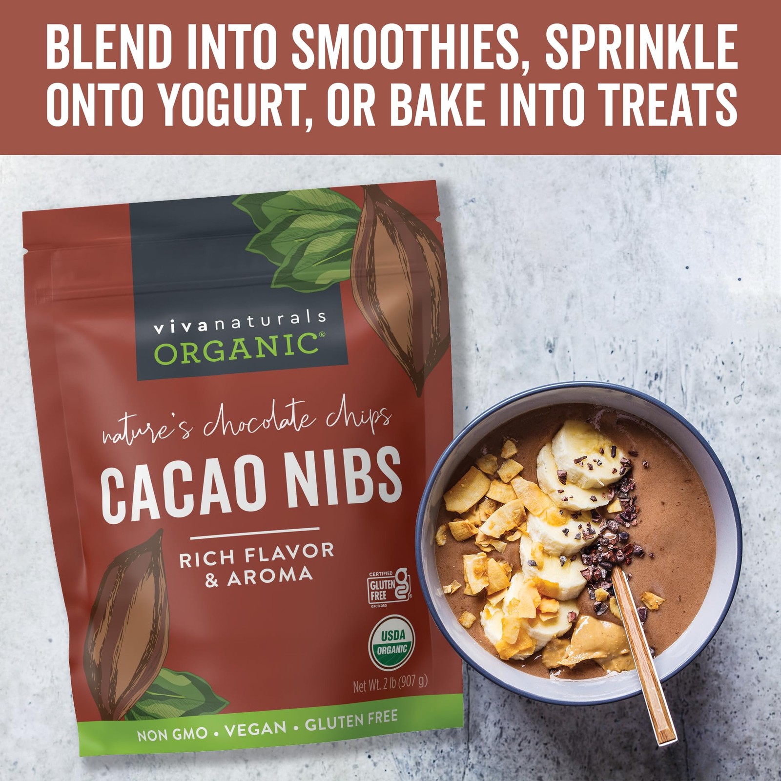 Organic Cacao Nibs, 2 lb Bag (907g) – Keto Friendly and Vegan Unsweetened Chocol
