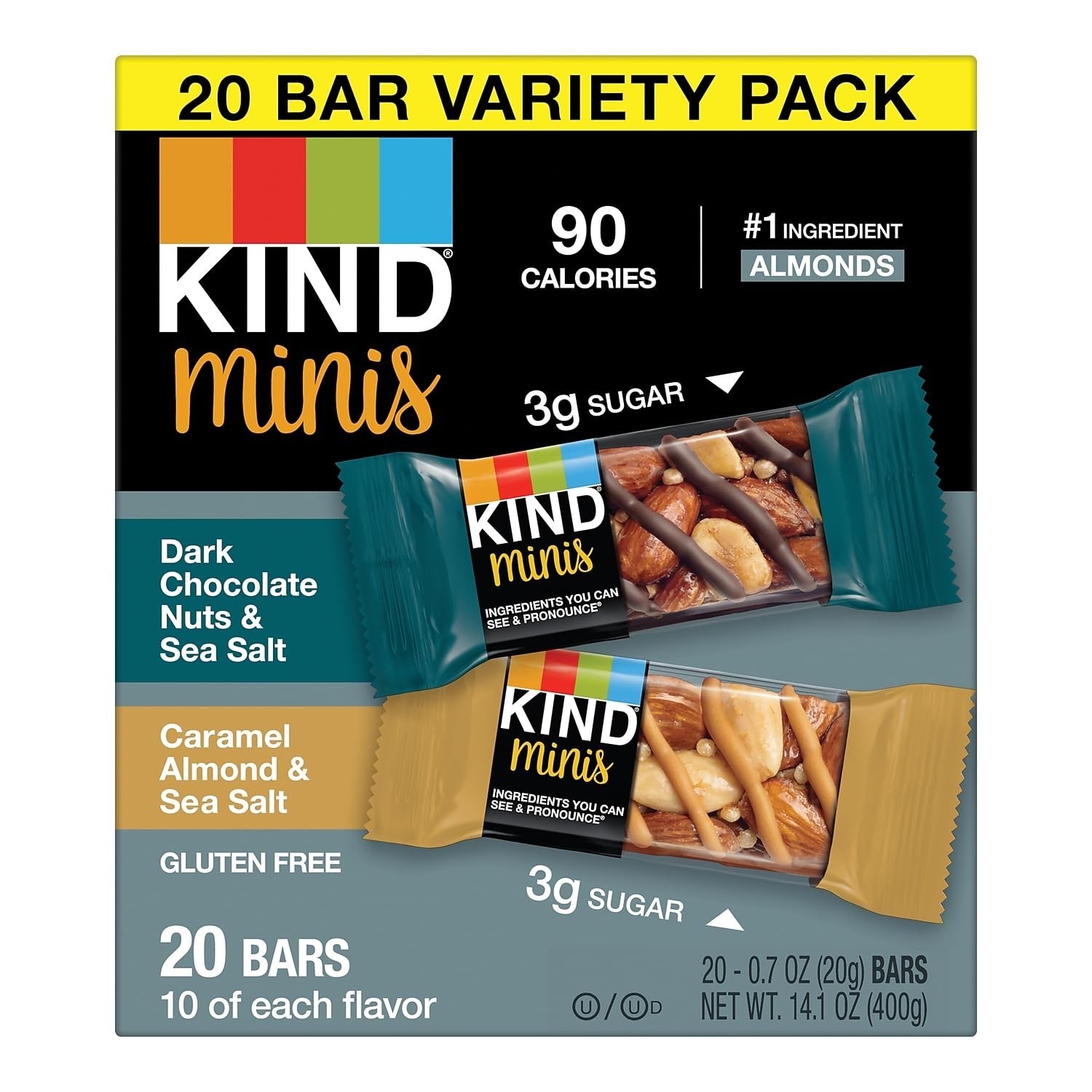 KIND Minis, Dark Chocolate Nuts / Caramel Almond & Sea Salt , 14 Oz (Pack Of 20)