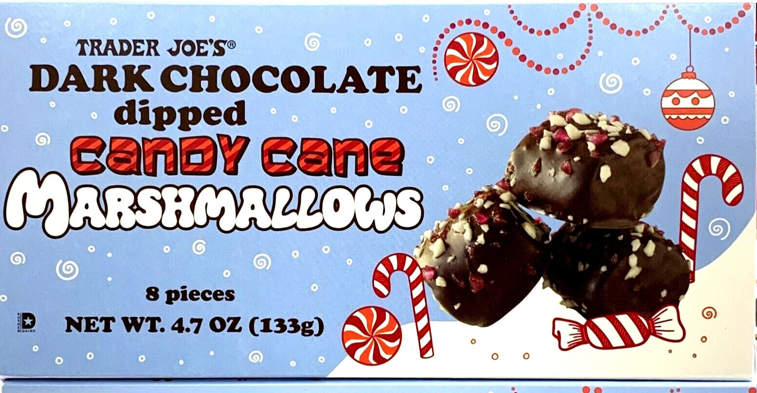 Trader Joe’s Dark Chocolate Dipped Candy Cane Marshmallows Rare New 8 CT