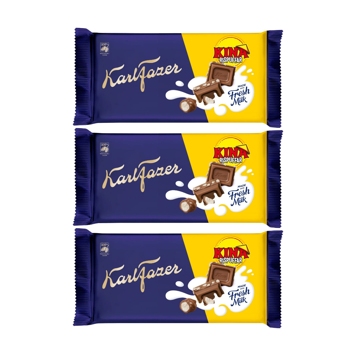 3x Fazer Karl Fazer Kina Rispuffar Chocolate Bar 125g Milk Choc Rice Crisps