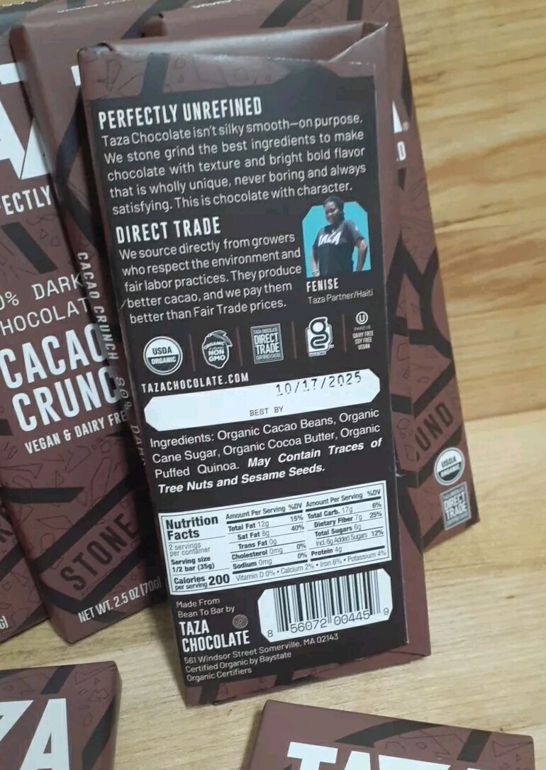 2: TAZA Dark Chocolate CACAO CRUNCH Organic UNREFINED 80% Stone Ground vegn 2.5z
