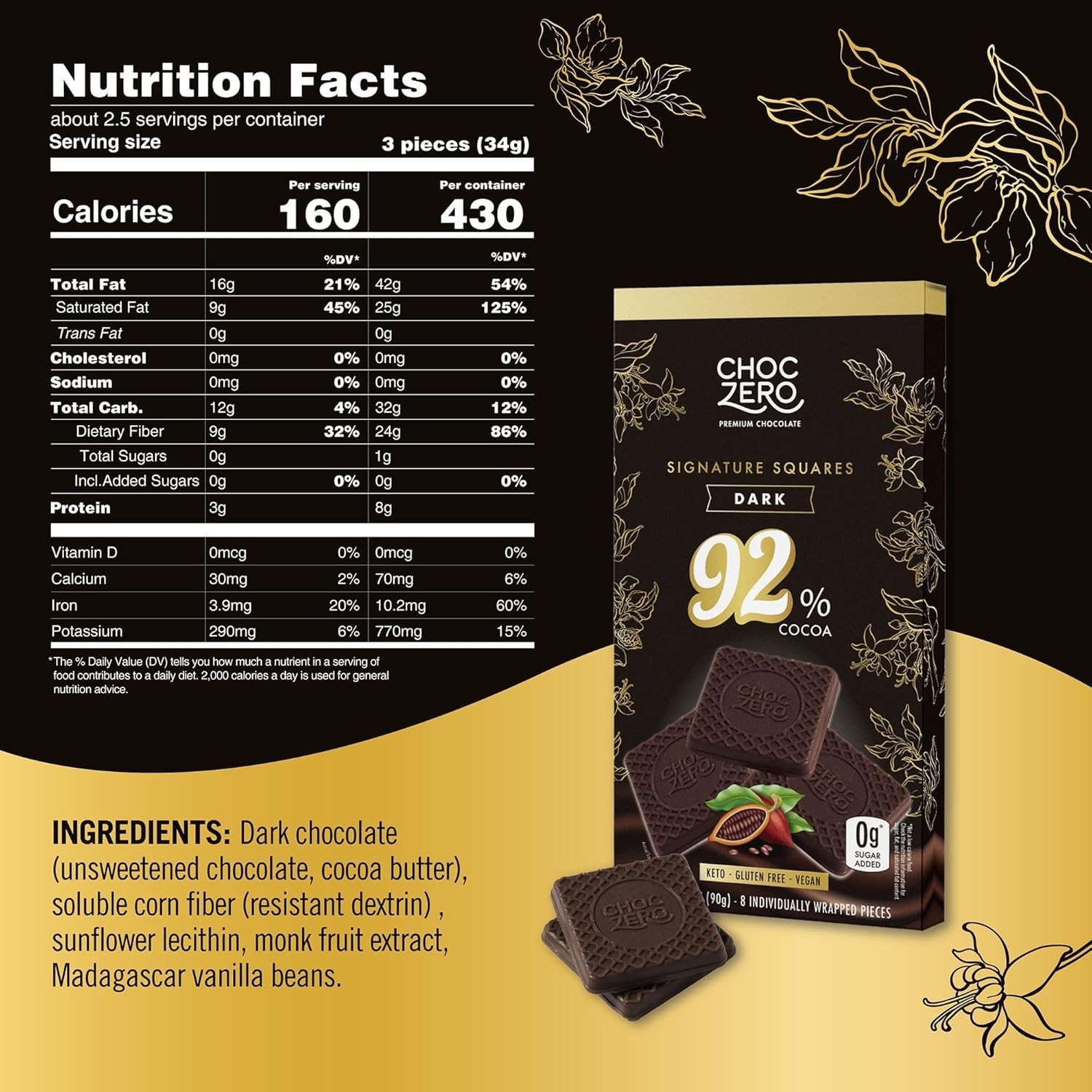 Rich 92% Cocoa Dark Chocolate – , Individually Wrapped Squares for Snacking