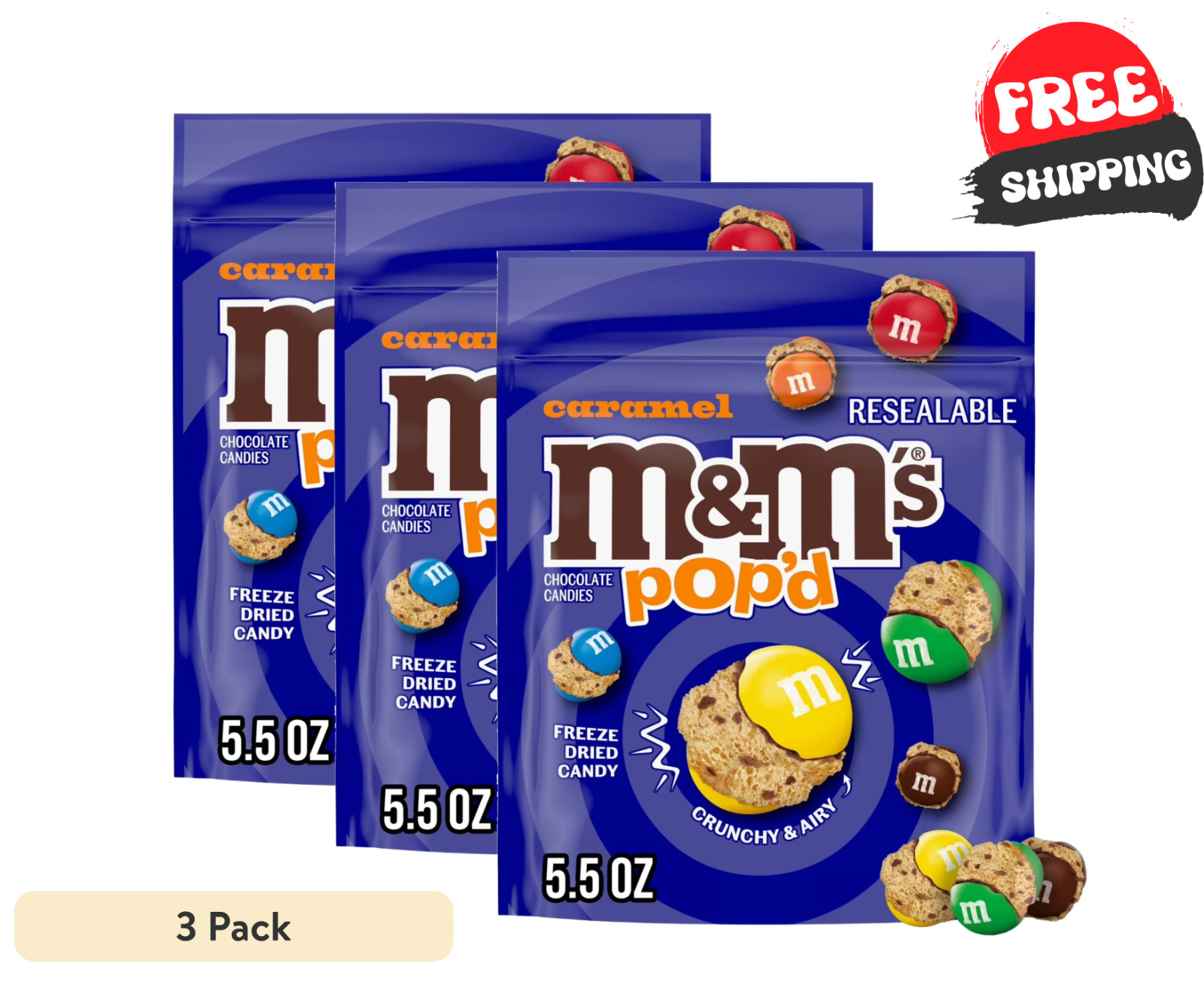 ( 3 PACK ) M&M’s Pop’d Caramel Chocolate Crunchy Candy – 5.5 oz Resealable Bag