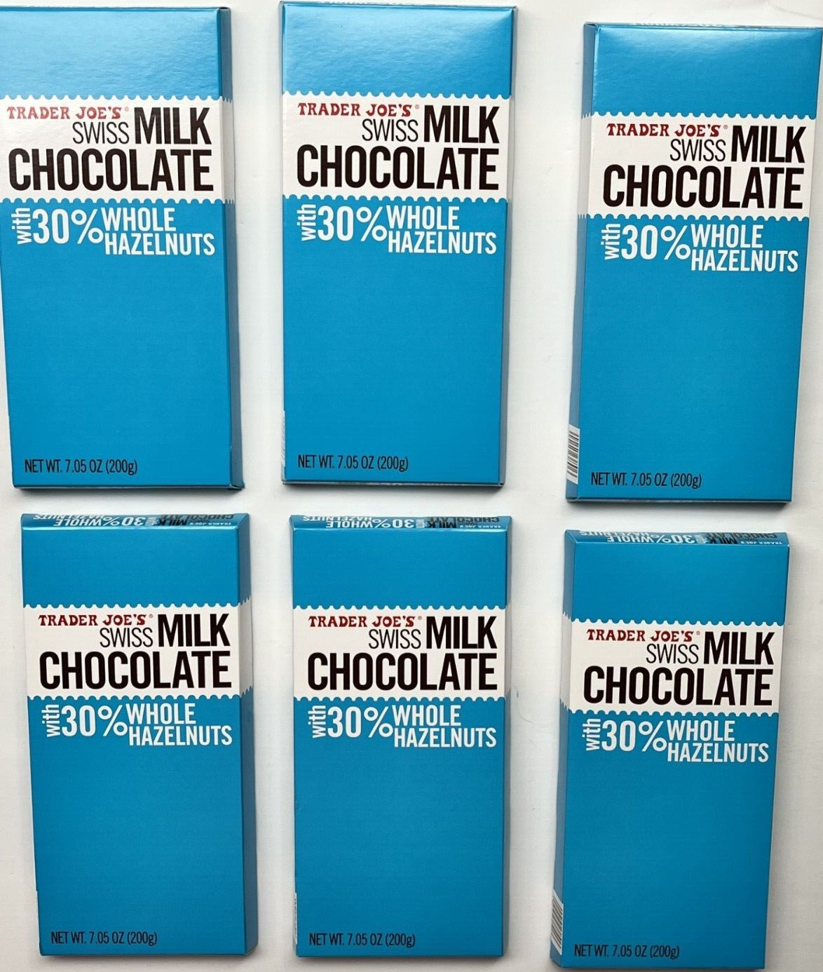 6 PACKS TRADER JOE’S SWISS MILK CHOCOLATE WITH 30% WHOLE HAZELNUTS 7 OZ Each Bar
