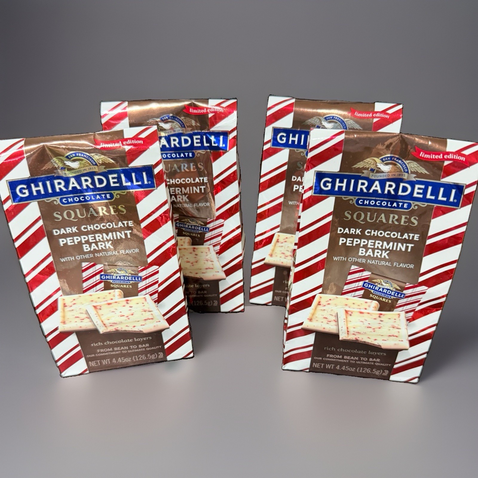 4 Packs Ghirardelli Dark Chocolate Peppermint Bark Squares 4.45 Oz Each