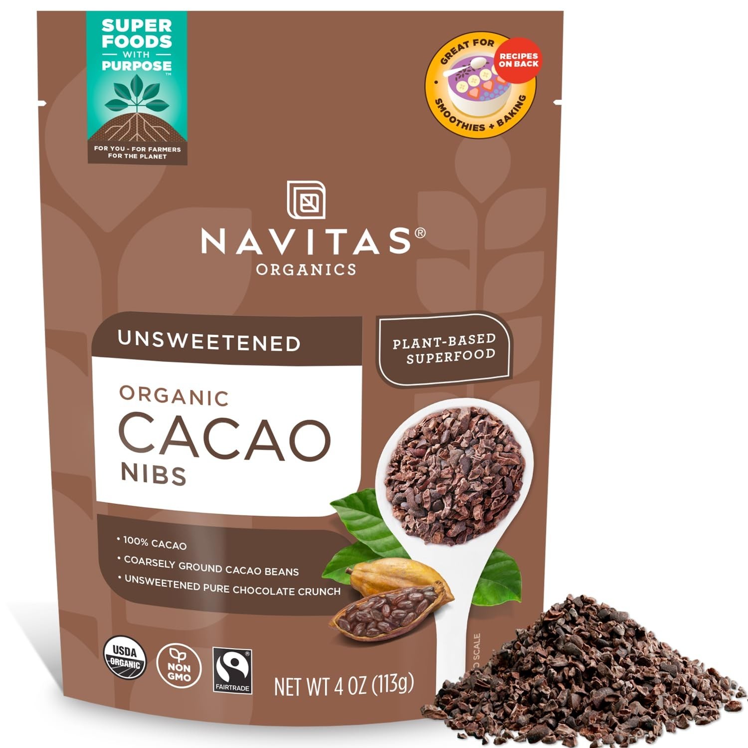Organic Cacao Nibs – Unsweetened Dark Chocolate Crunch for Healthy Baking – 4oz