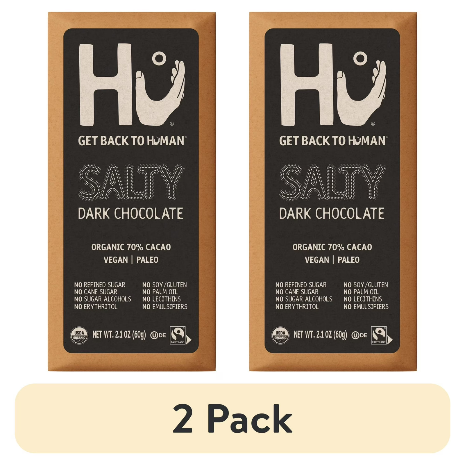 2 Pack Salty Dark Chocolate Bar, Organic 70% Cacao, Vegan & Paleo, 2.1 oz Bars