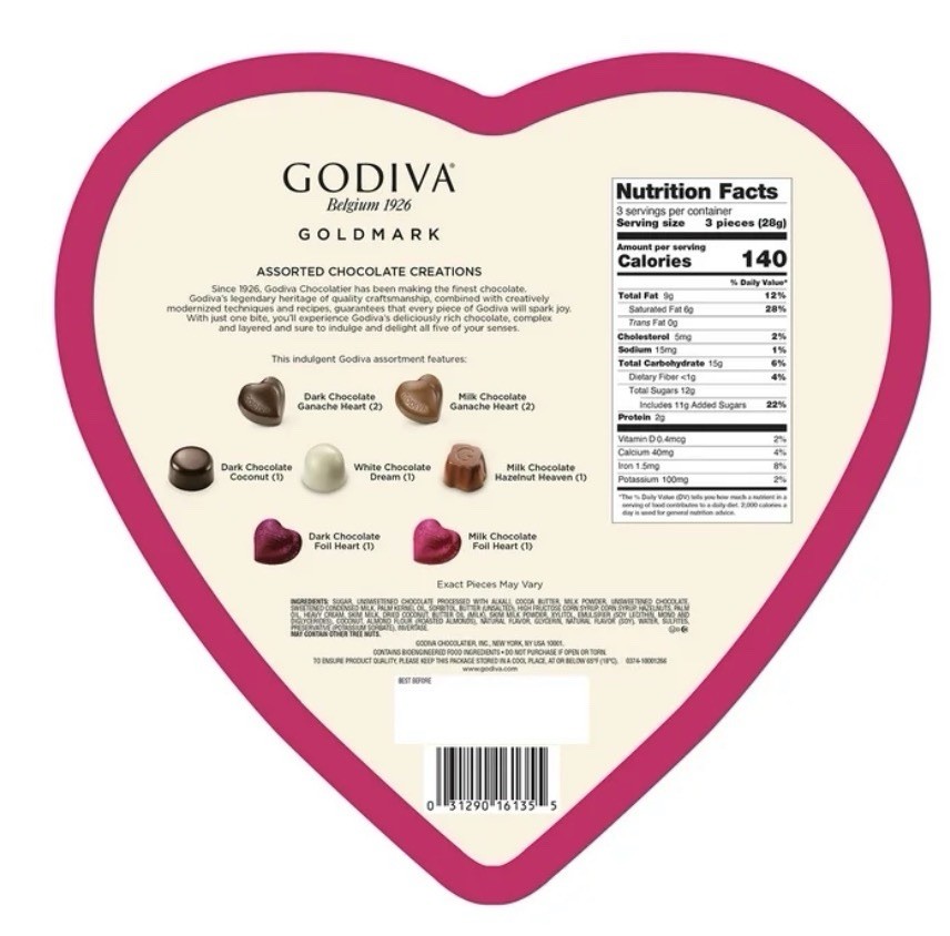 Godiva Valentine’s Goldmark Chocolate Candy Assortment Heart Gift Box, 2.9oz