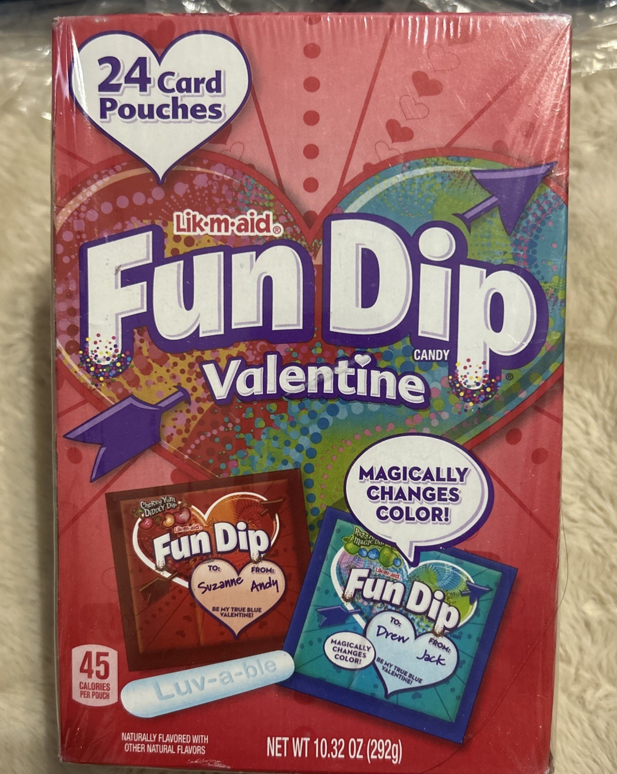 24 Pouches Fun Dip Valentine Cherry & Apple Color Changing 10.32oz Lick Em Stick