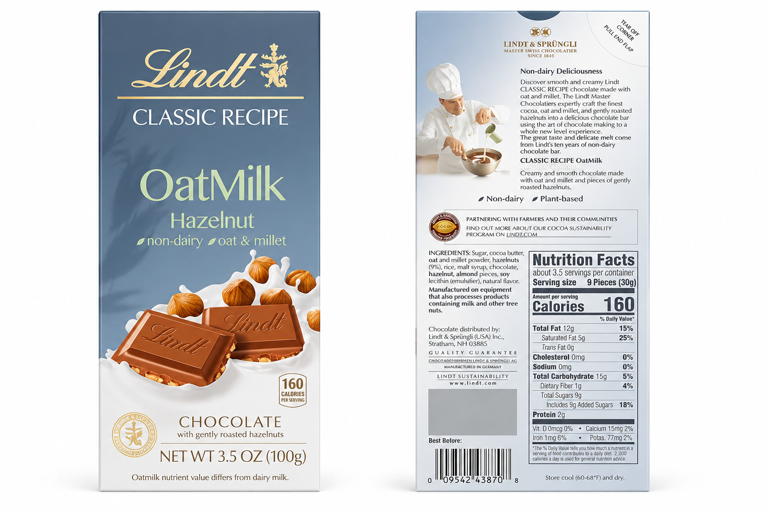 New Lindt Classic Oatmilk Non Dairy Oat Hazelnut Chocolate 3.5oz 10 PK