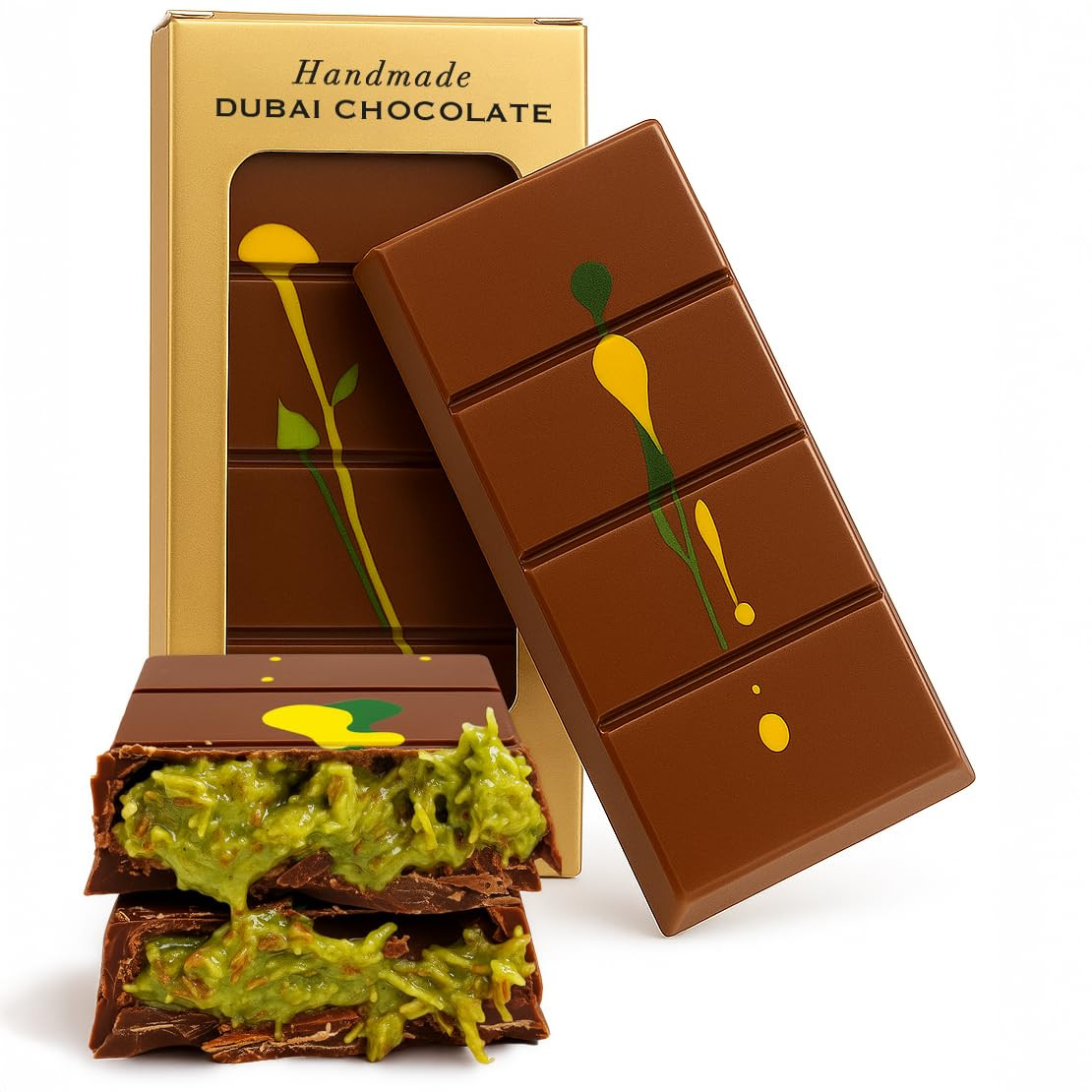 Dubai Chocolate Bar Pistachio, Handmade Luxury Knafeh Chocolate Bar with Pistach