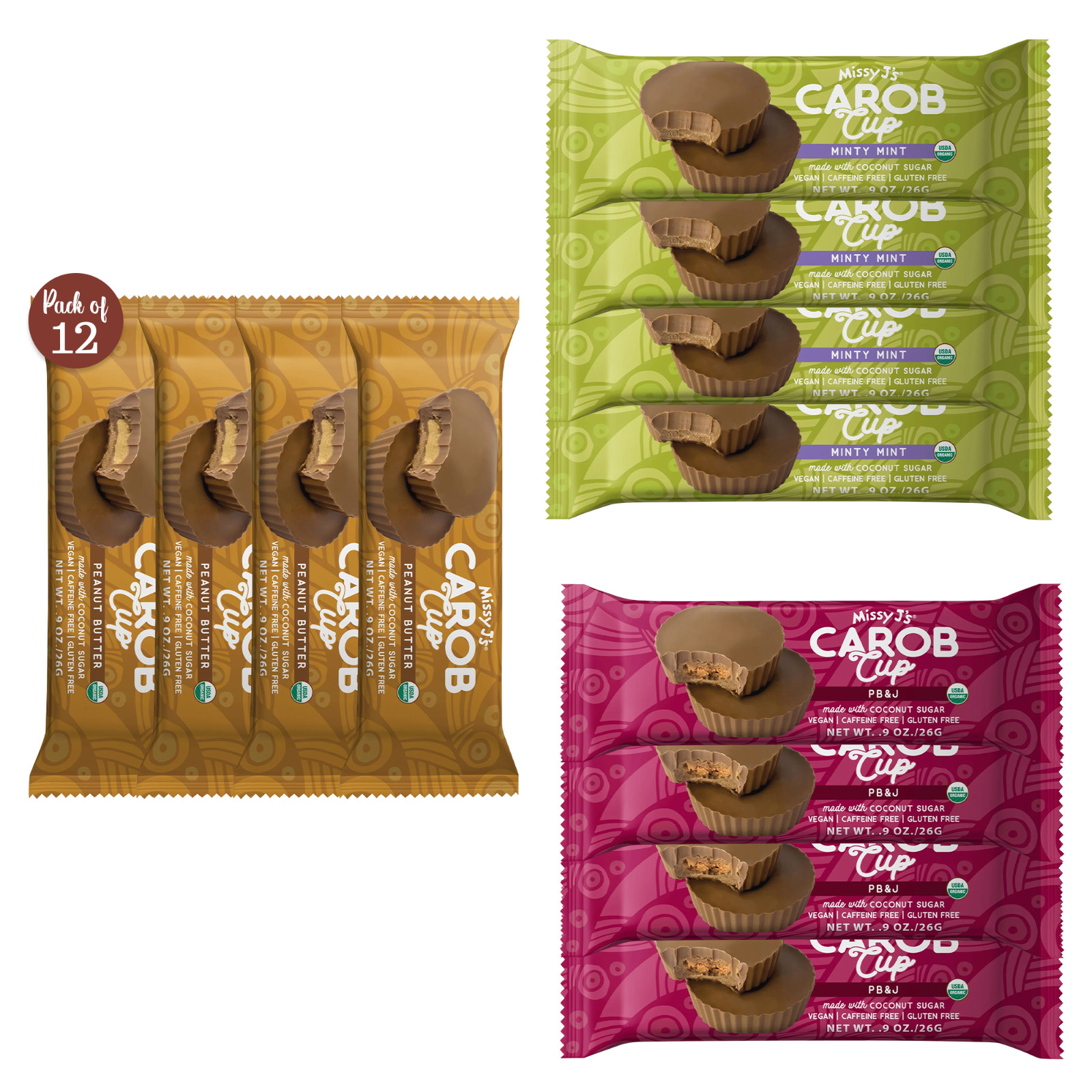 Missy J’s Organic Carob Cup Sampler 12pk, 4 of each flavor, Delicious Combo Food