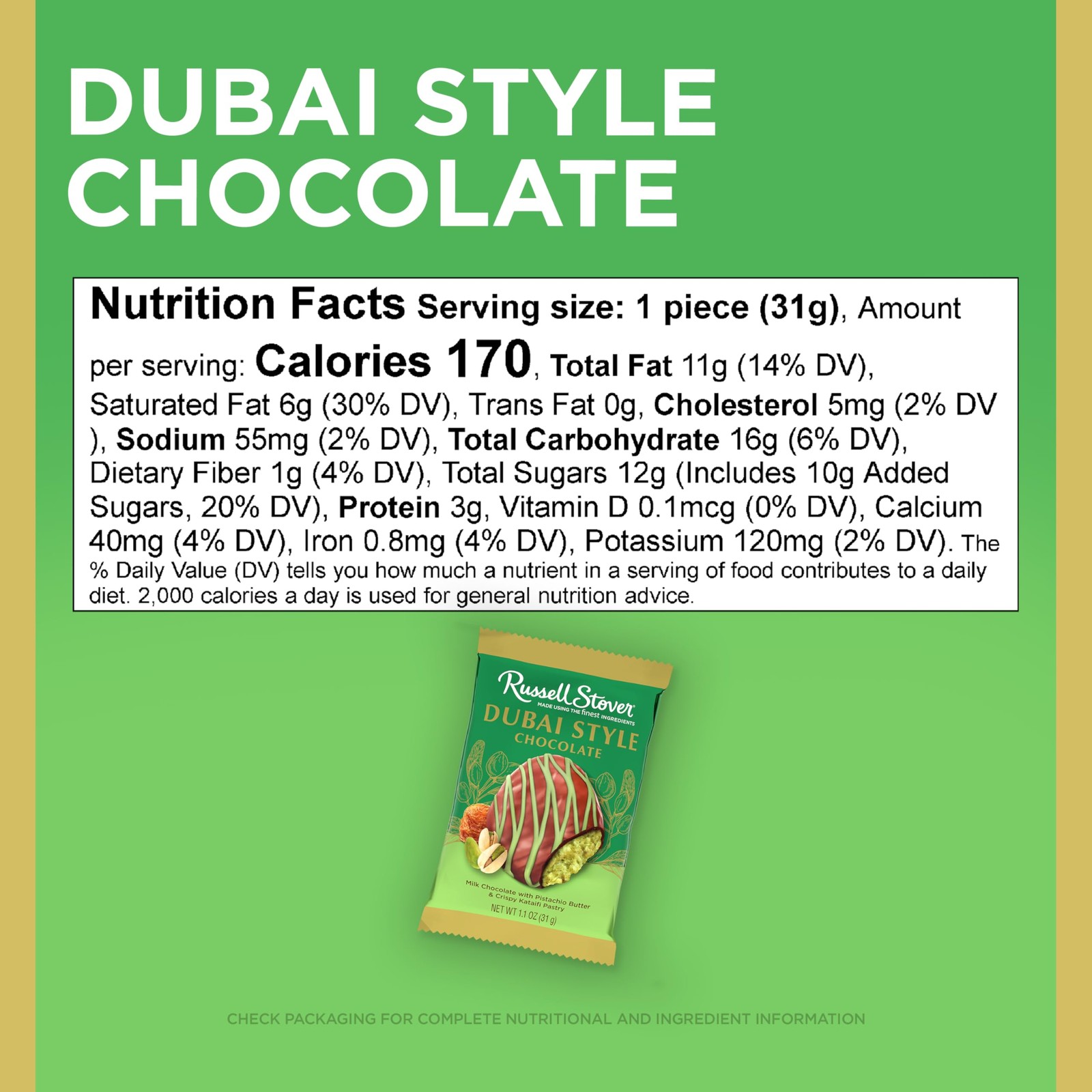 Russell Stover Dubai Style Pistachio & Kataifi In Milk Chocolate Full Size