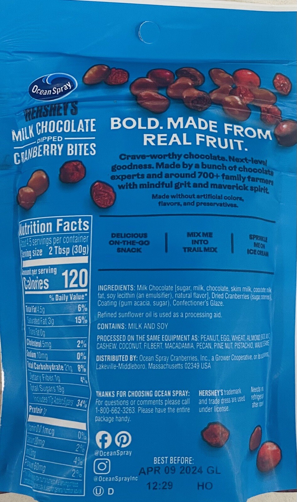 5x Ocean Spray Hershey’s MILK CHOCOLATE DIPPED CRANBERRY BITES 5 oz bag – 5 PACK
