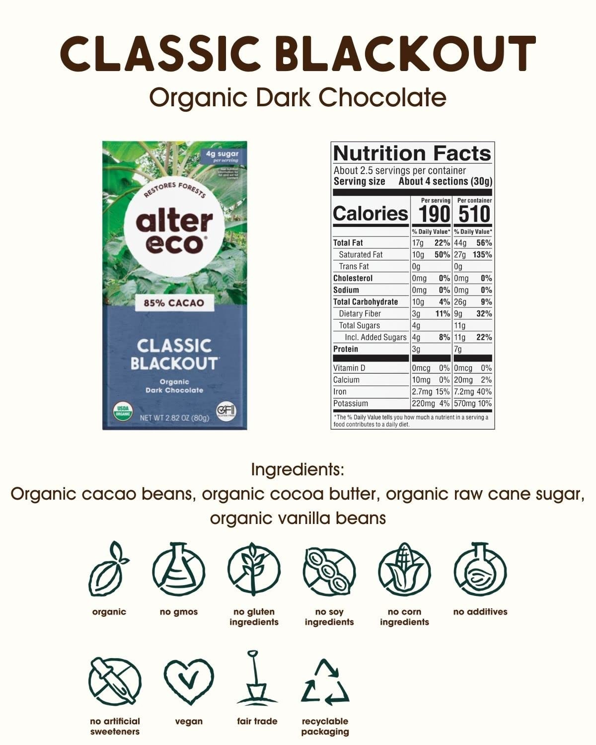 Alter Eco 85% Pure Dark Cocoa Chocolate Bar