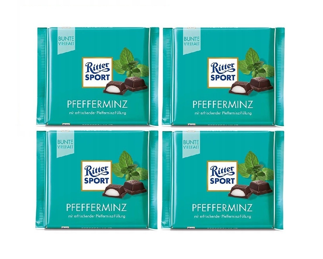 4Pcs RITTER SPORT Peppermint German Chocolate Bars Sweets 4x100g