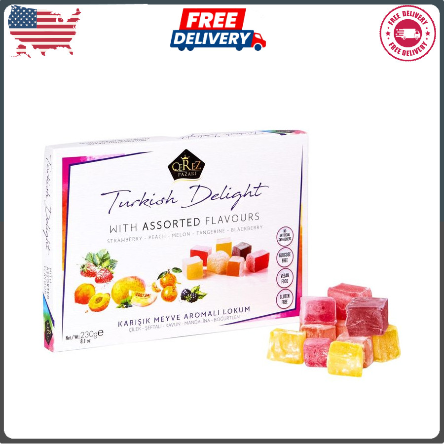 Cerez Pazari Turkish Delights, Assorted Vegan Candy, No Nuts, 8.1 Oz Gift Box