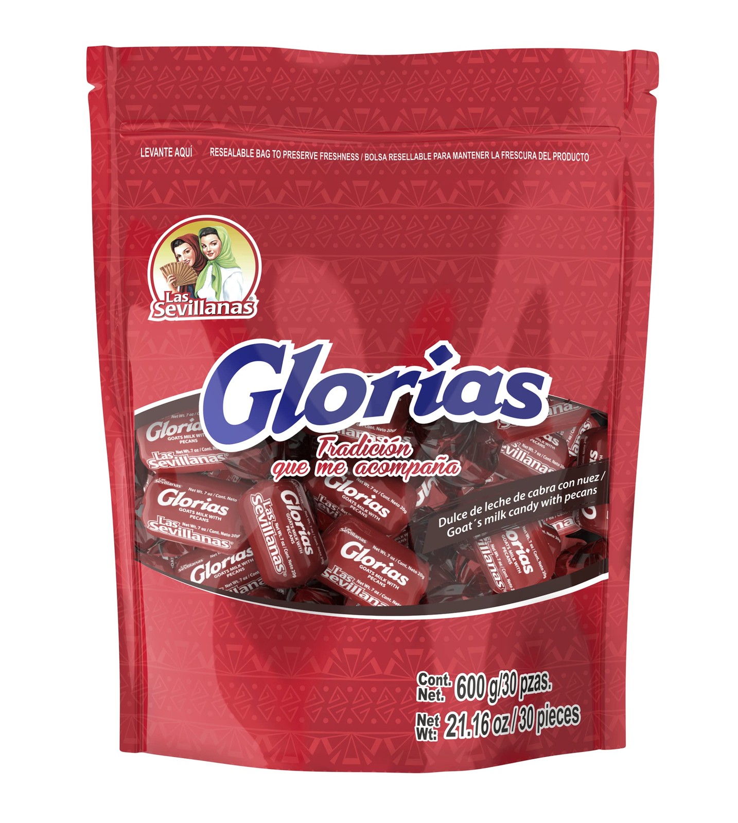 Las Sevillanas Glorias Dulce de Leche Cajeta Candy with Pecans, 30 Pcs Bag