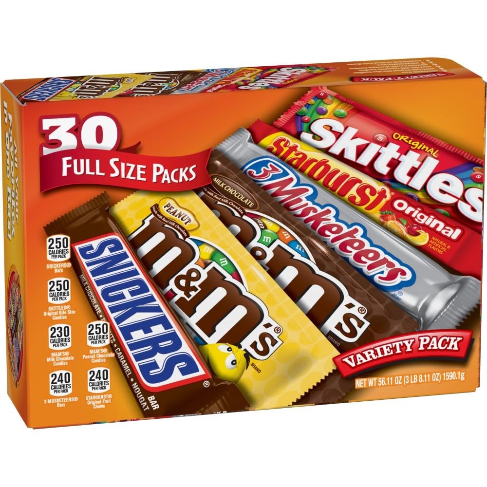 M&M’S, SNICKERS, 3 MUSKETEERS, SKITTLES & STARBURST Variety Pack Full Size Bu…