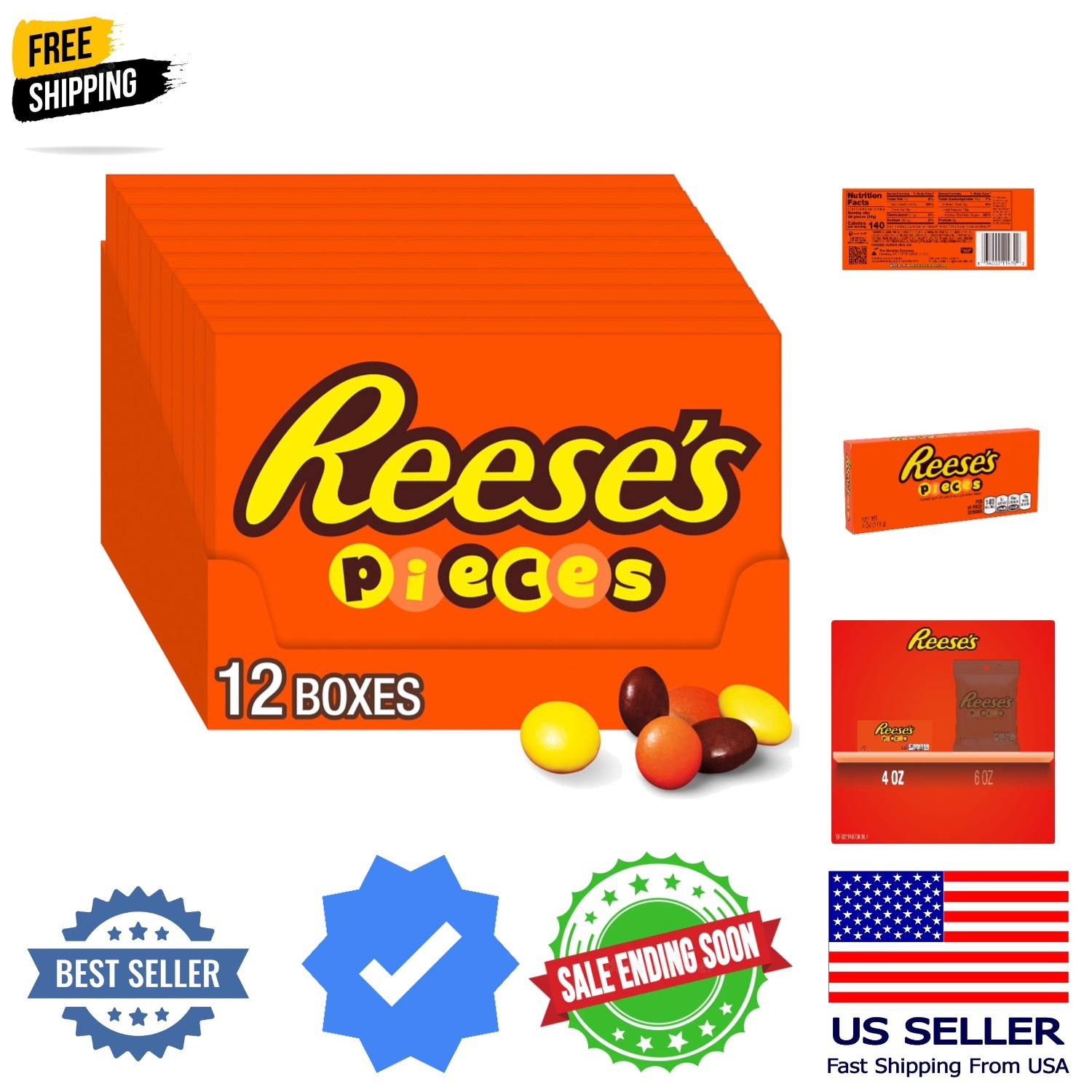 PIECES Peanut Butter in a Crunchy Shell, Candy Boxes, 4 oz 12 Count