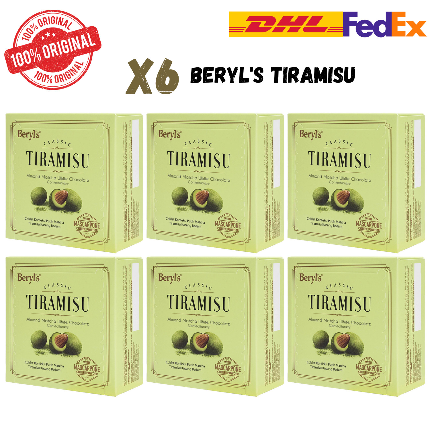 x6 Beryl’s Tiramisu Almond Matcha White Chocolate Malaysian 50g Premium