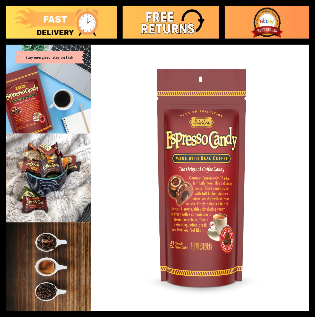 Espresso Candy 5.3 Oz Pack of 12 – Individually Wrapped Hard Candy with Real Cof
