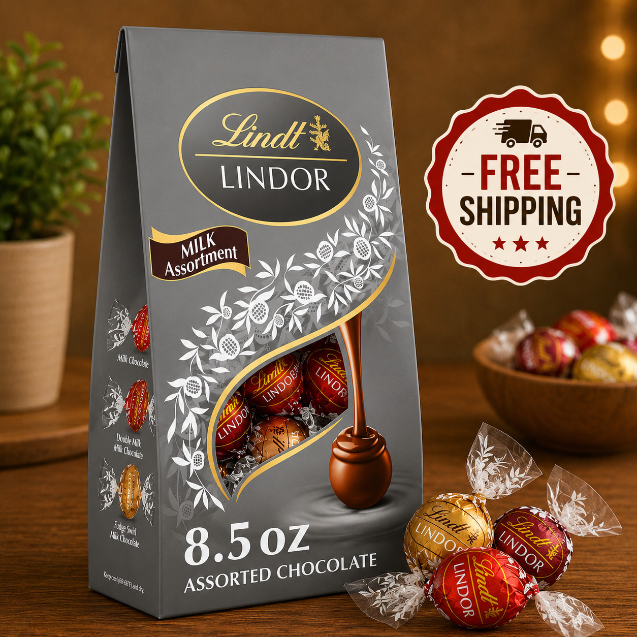 Lindt Lindor Milk Assorted Chocolate Candy Truffles, 8.5 oz, Bag