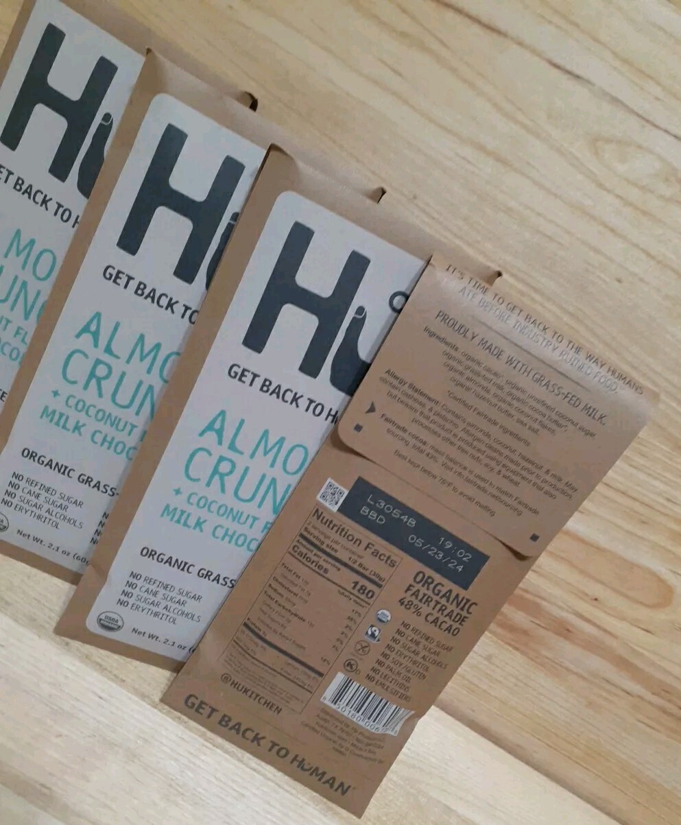 4 BARS: HU KITCHEN Organic Milk Chocolate Filled w/Almond COCONUT Crunch Bar 2.1