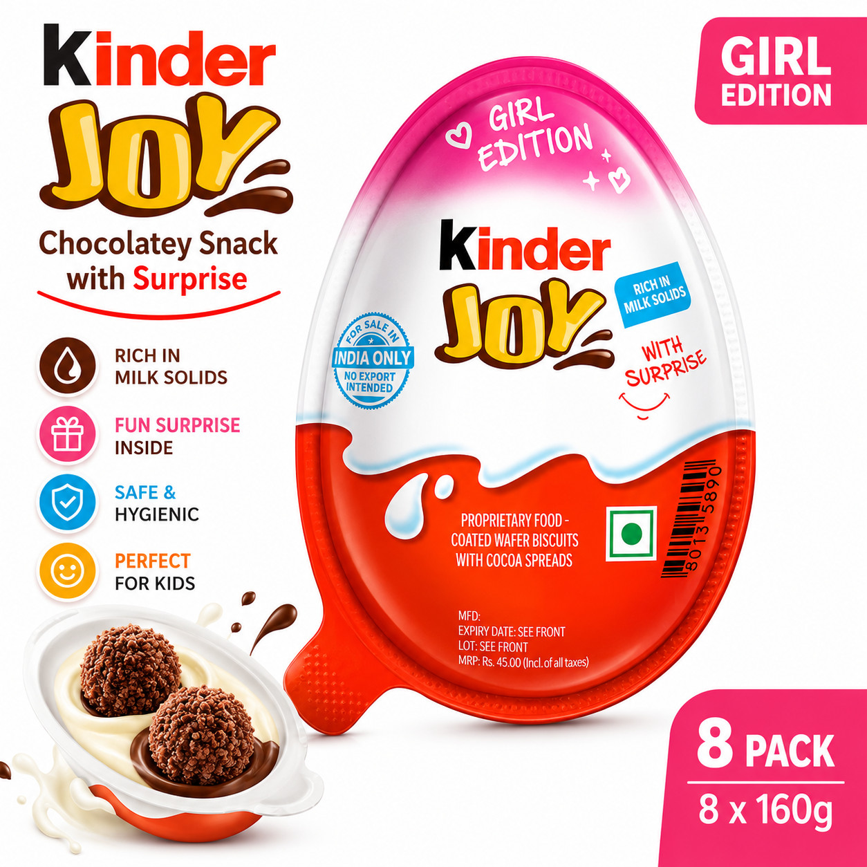 Kinder Joy Chocolate Snack with Surprise, Pink, 8 X 20g Brand New
