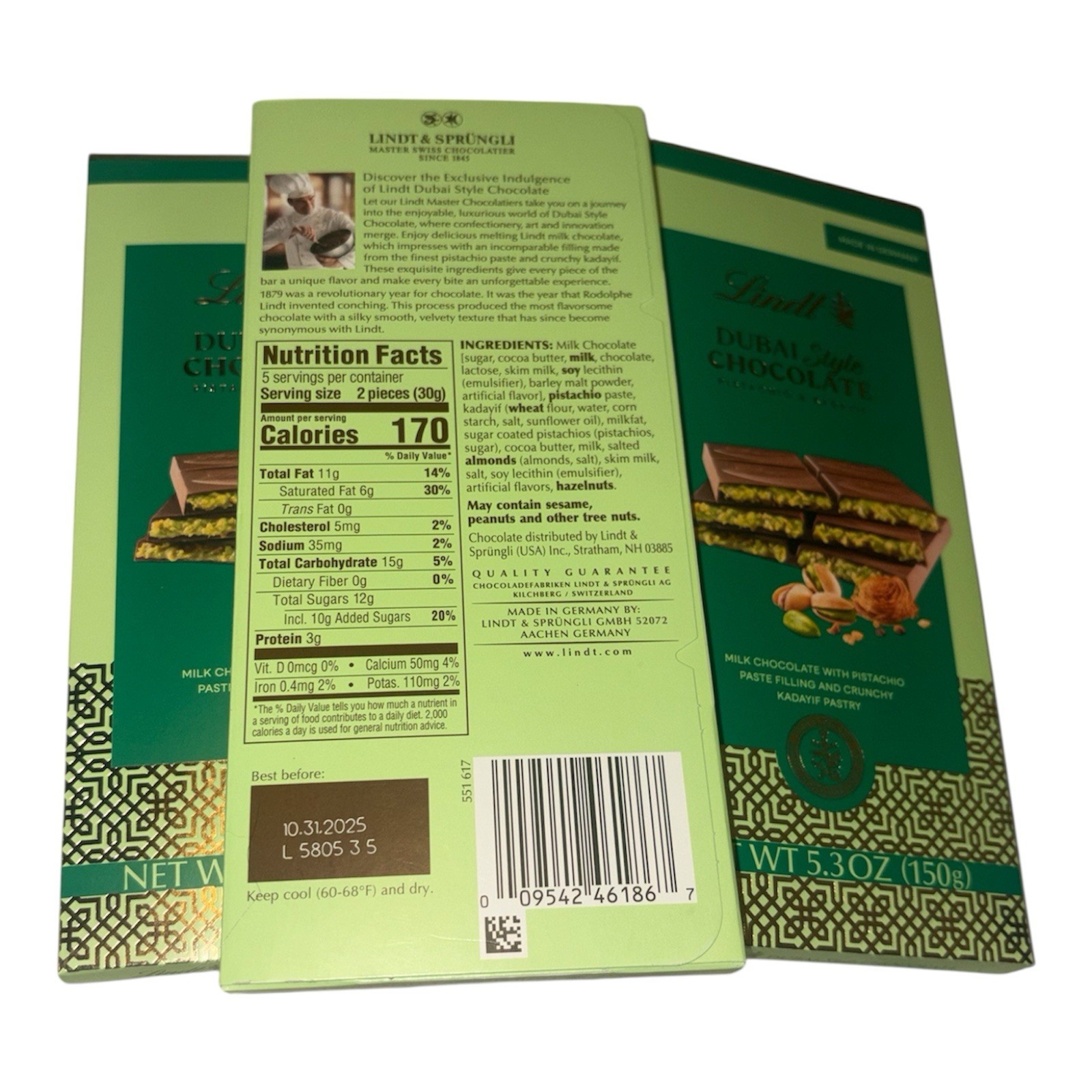 Lindt Dubai Style Milk Chocolate with Pistachio & Kadayif 5.3oz. (4) Bars Candy