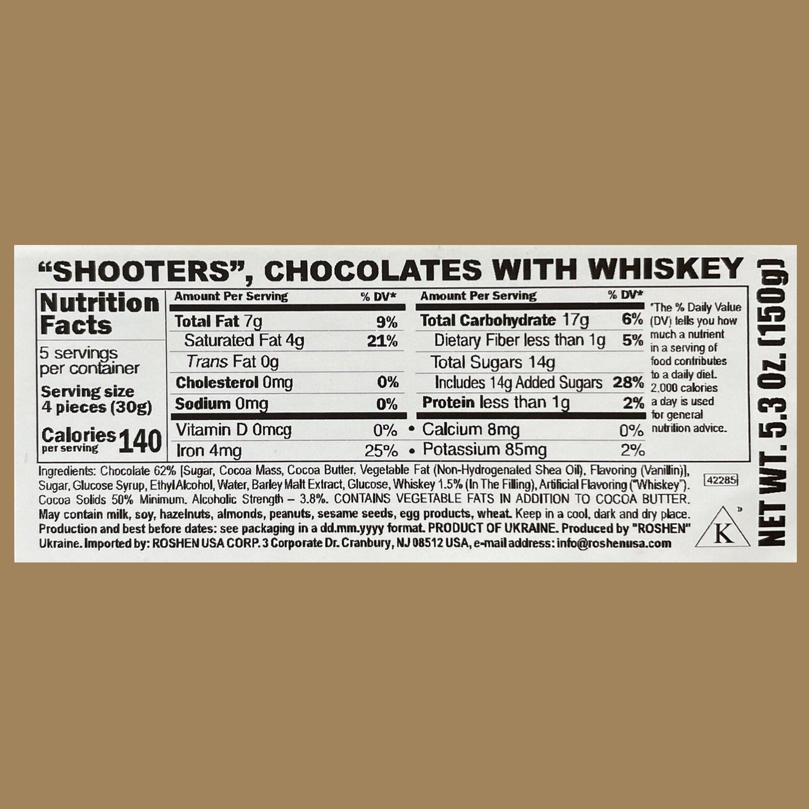 4 x “Shooters” Chocolate Candy with Whiskey Liqueur Roshen Box Sweets 150g/5.3oz