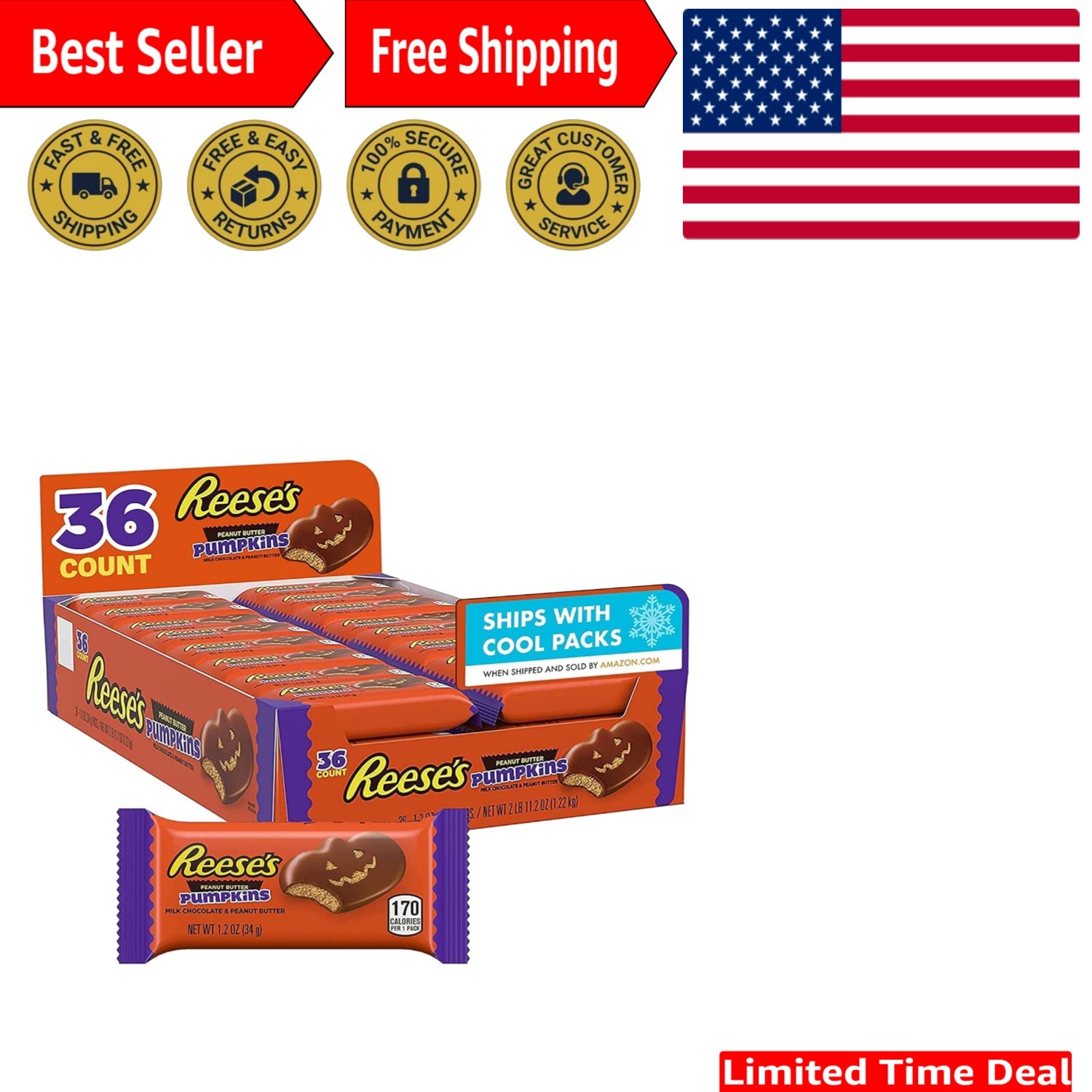 Snack on REESE’S Milk Chocolate & Peanut Butter – 36 Sweet Packs, 1.2 oz Each