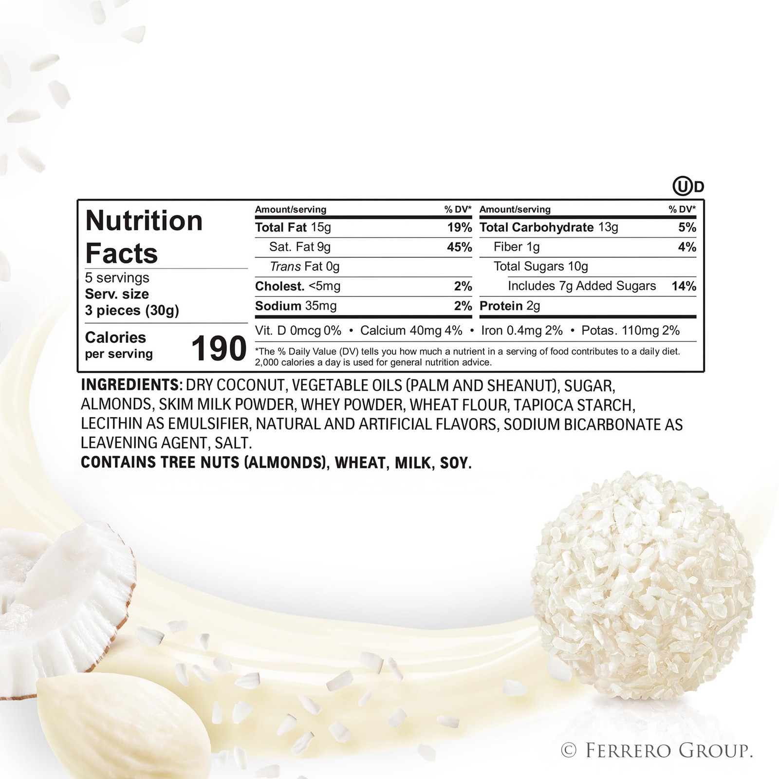 Raffaello Almond Coconut Candy, 15 15 Count (Pack of 6),