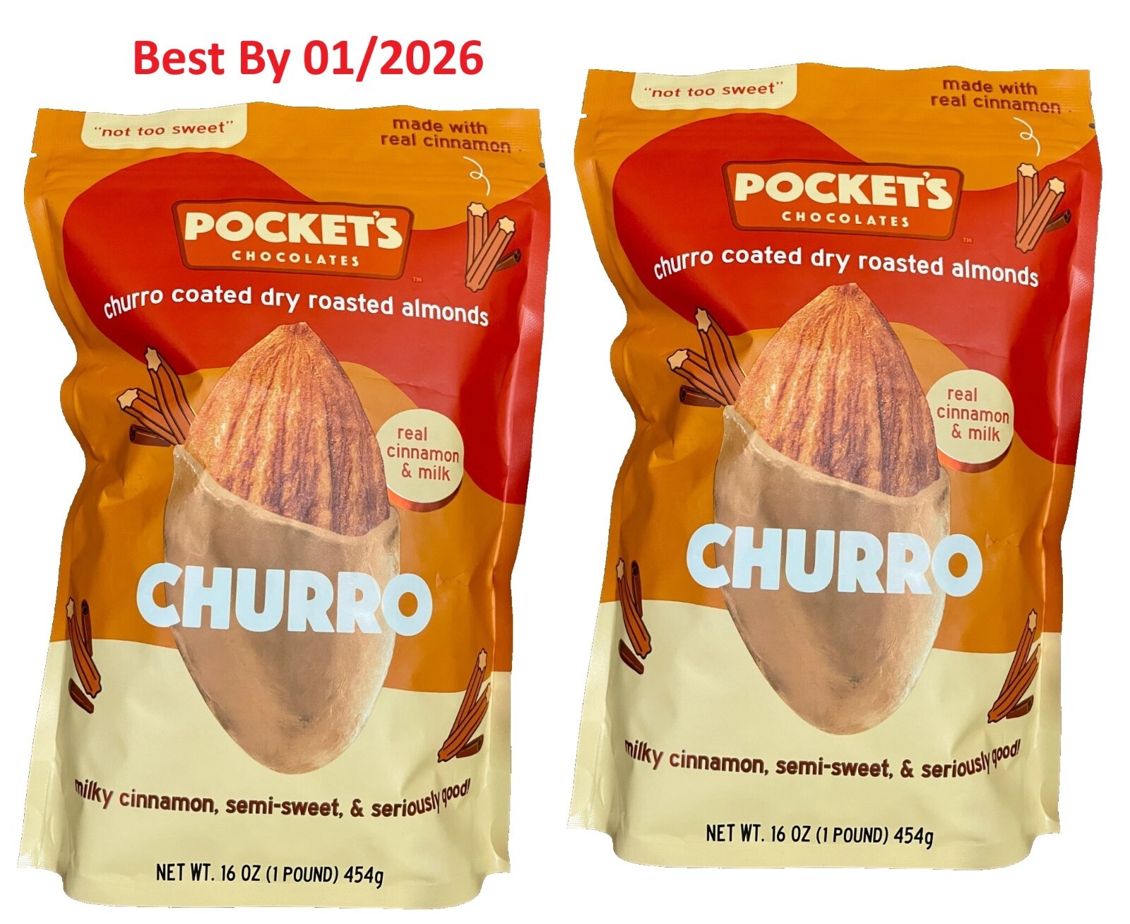 2-PACK Pocket Chocolate Churro Coated Crunchy Roasted Almonds 16 Oz. each bag