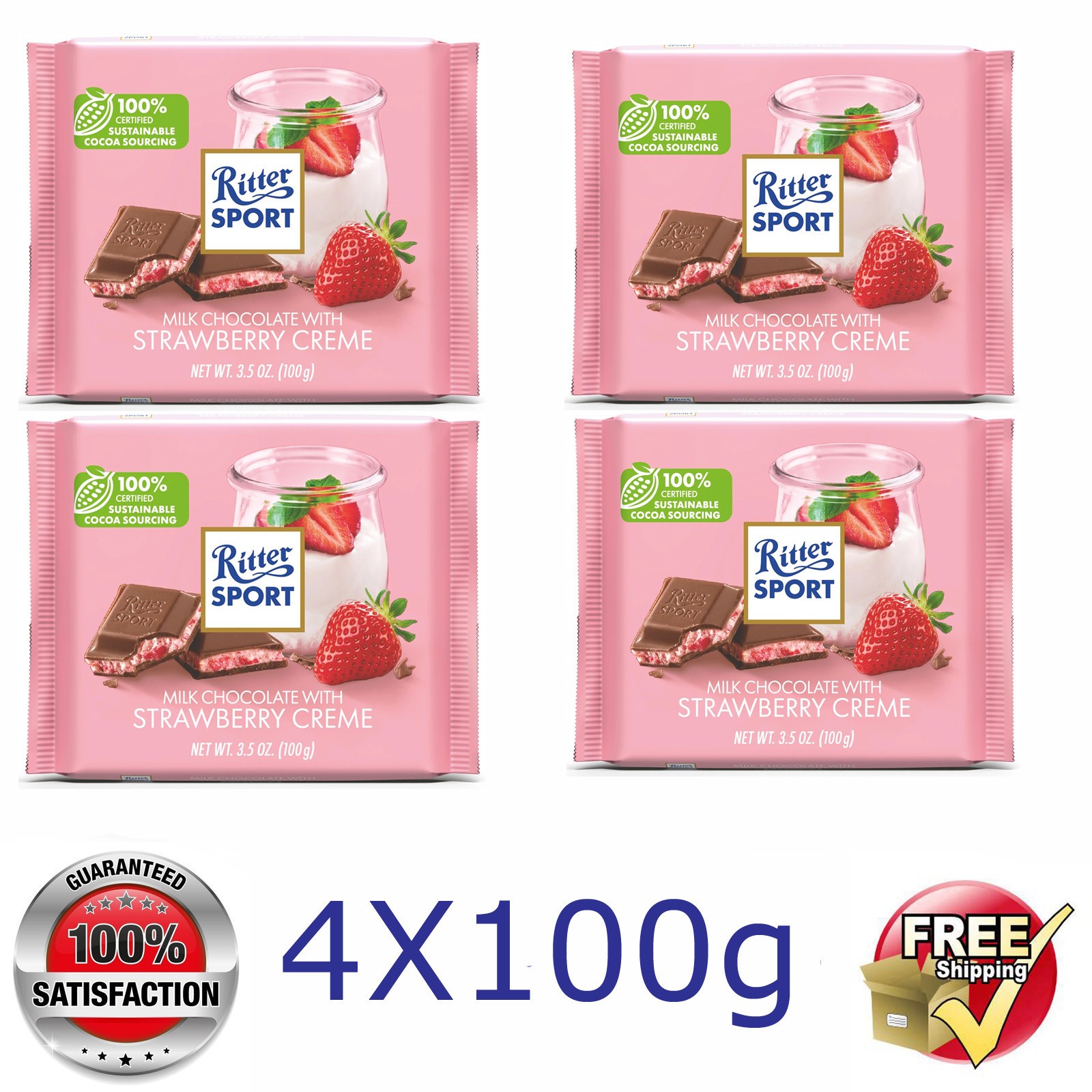 4x Ritter Sport @ Milk Chocolate Strawberry Creme @ 4x 100g/3.5oz 10/2026