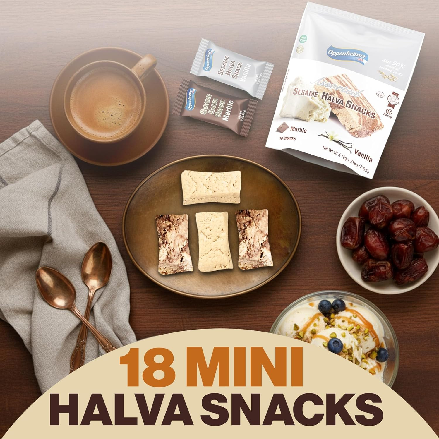 Sesame Halva Bar Mini Snacks – 18 Mini Bars, Assorted Vanilla & Marble Flavors –