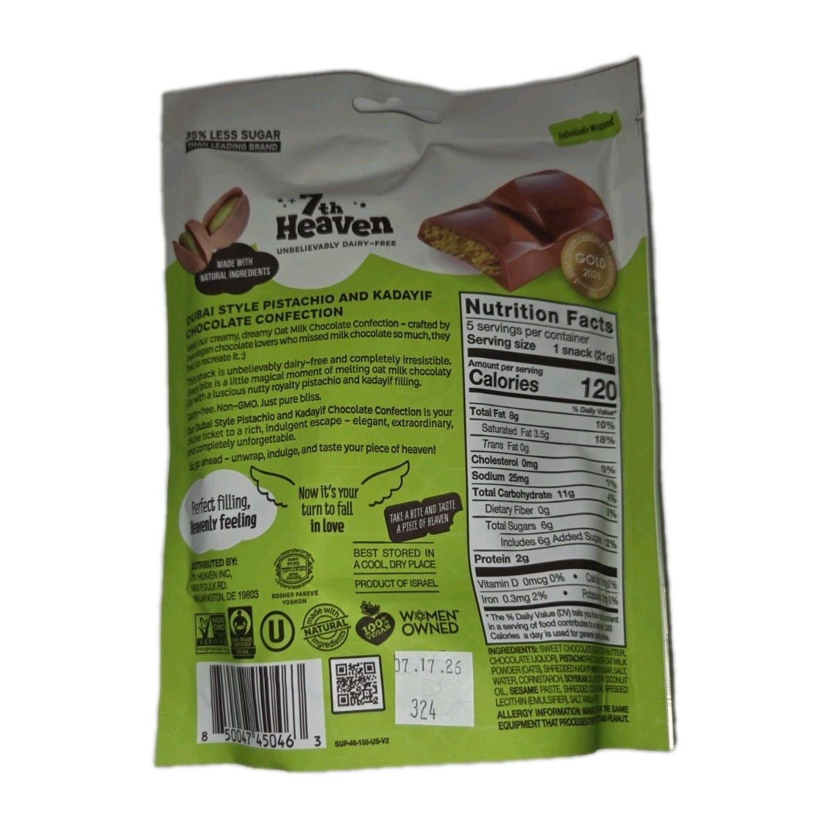 2 Pack 7th Heaven Oat Milk Dubai Style Kosher Vegan Chocolate Confection 3.7 Oz