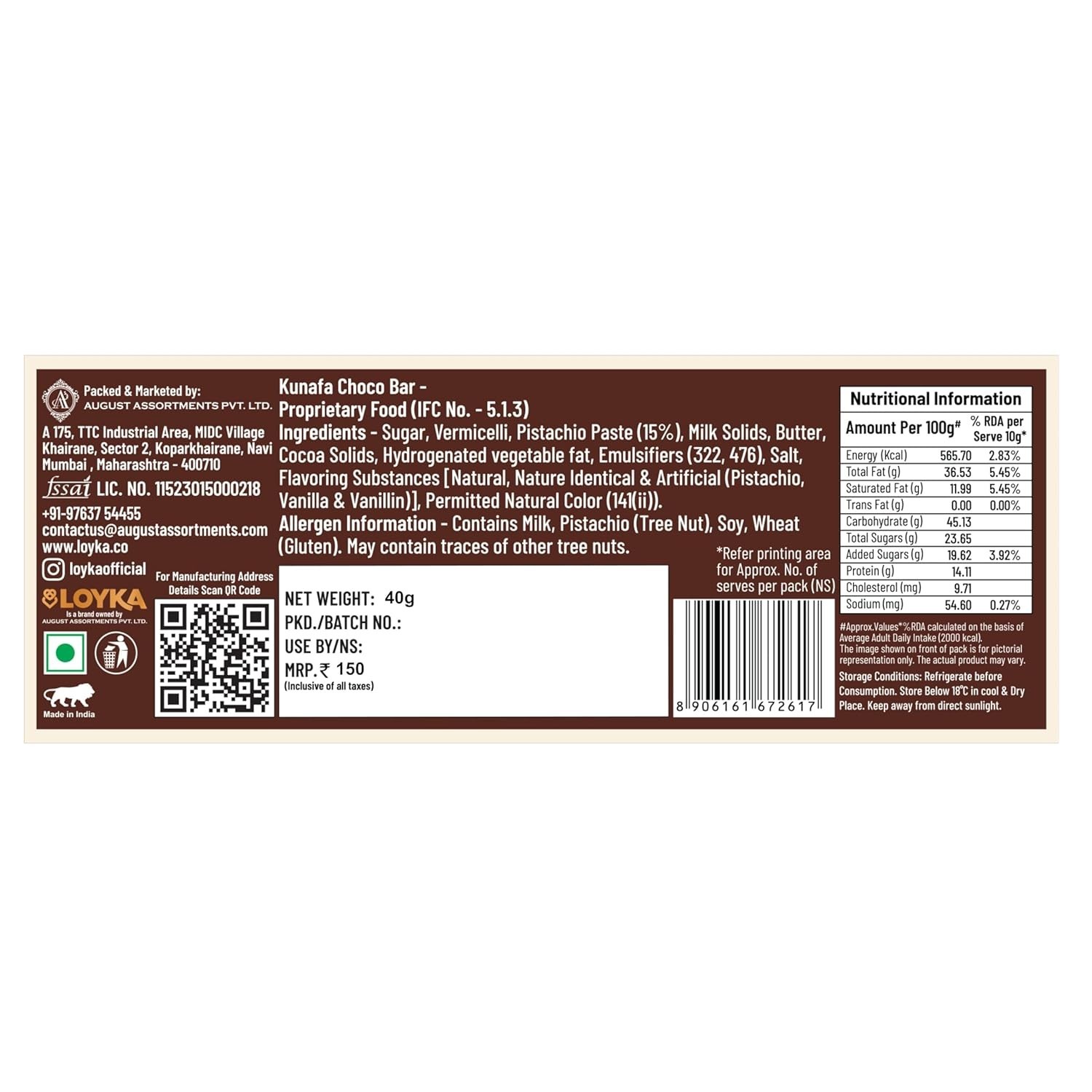 LOYKA DUBAI KUNAFA CHOCOLATE BAR 40G
