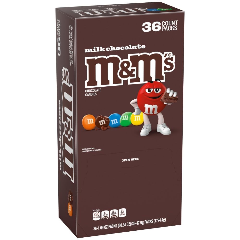 M&M’S Milk Chocolate Candy, Full Size 1.69 oz Bag, Pack of 36